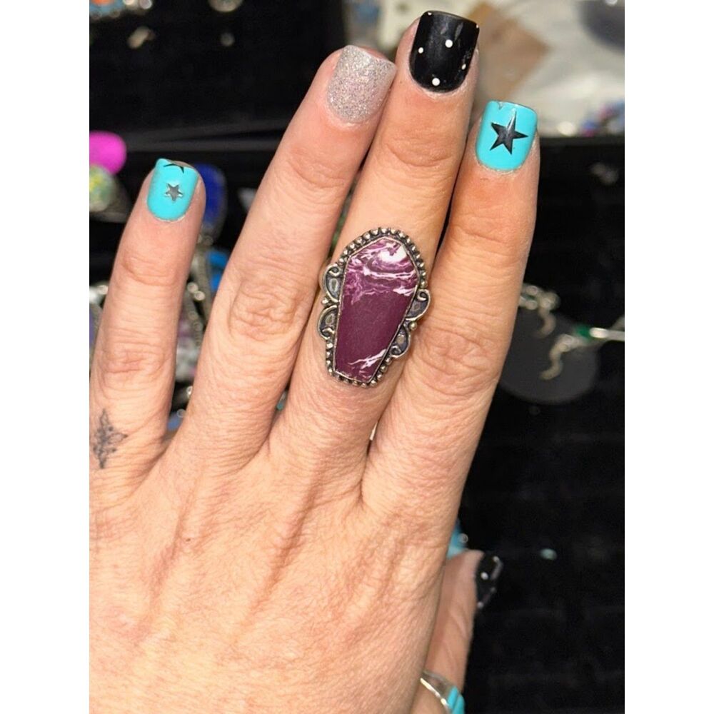 Purple Dahlia Coffin Shape Sterling Silver Overlay Ring Size 8